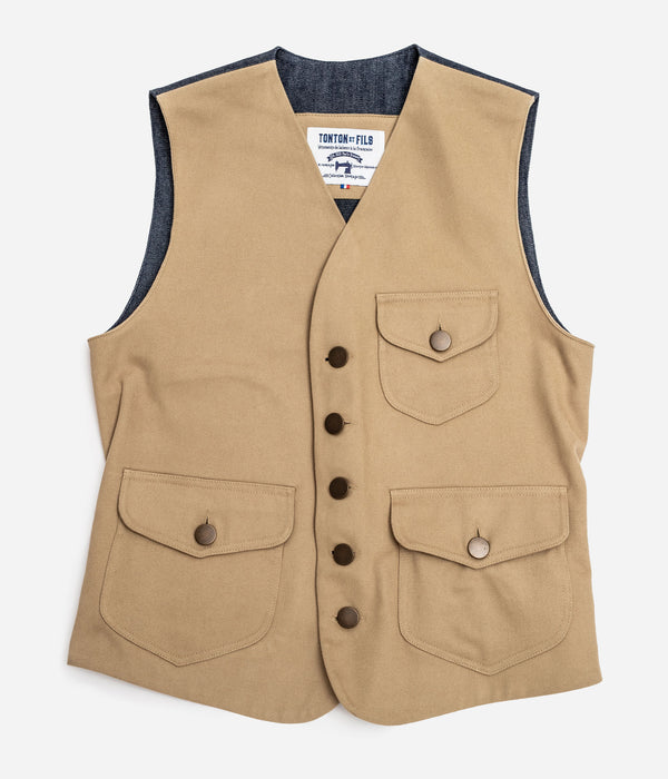 Tonton et Fils - Le gilet homme «Raoul» canvas kaki clair et denim - Fabriqué en France - Vue générale