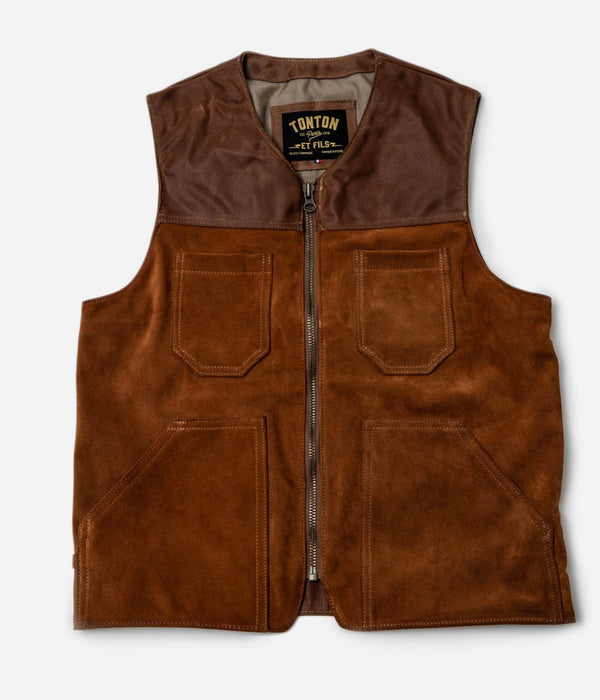 Tonton et Fils - Le gilet homme «Gaston» en peau brun fauve fabriqué en France - Vue générale